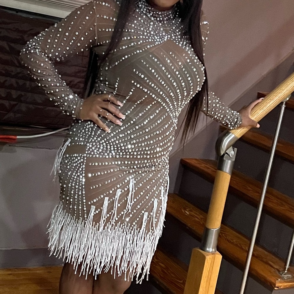 Long sleeve tassel dress with silver pearls